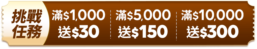 挑戰任務 $1,000送50 滿$5,000送150 滿$10,000送300