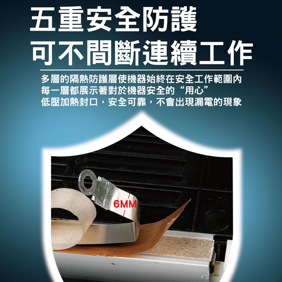 五重安全防護 可不間斷連續工作 多層的隔熱防護層使機器始終在安全工作範圍內 每一層都展示著對於機器安全的用心 低壓加熱封口,安全可靠,不會出現漏電的現象