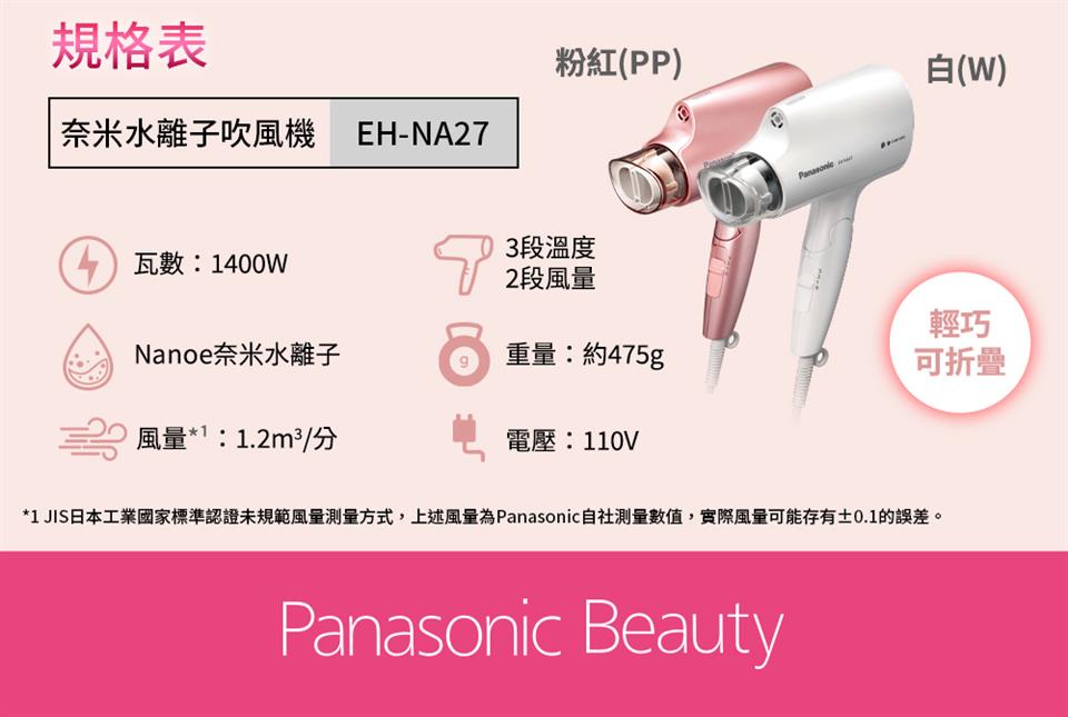 1 JIS日本工業國家標準認證未規範風量測量方式,上述風量為Panasonic自社測量數值,實際風量可能存有0.1的誤差。