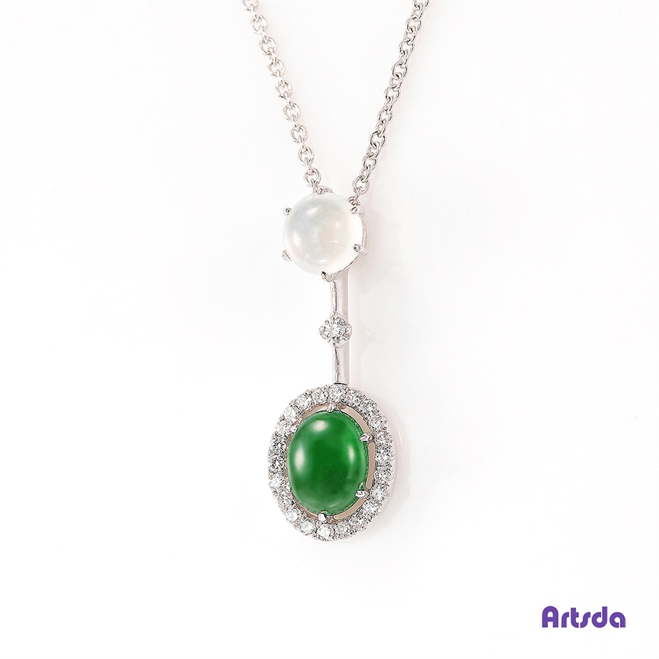 Artsda 白綠雙色翡翠閃耀鑽墜（天然A貨翡翠，18K金台，附贈鋼鍊）|鑲鑽 