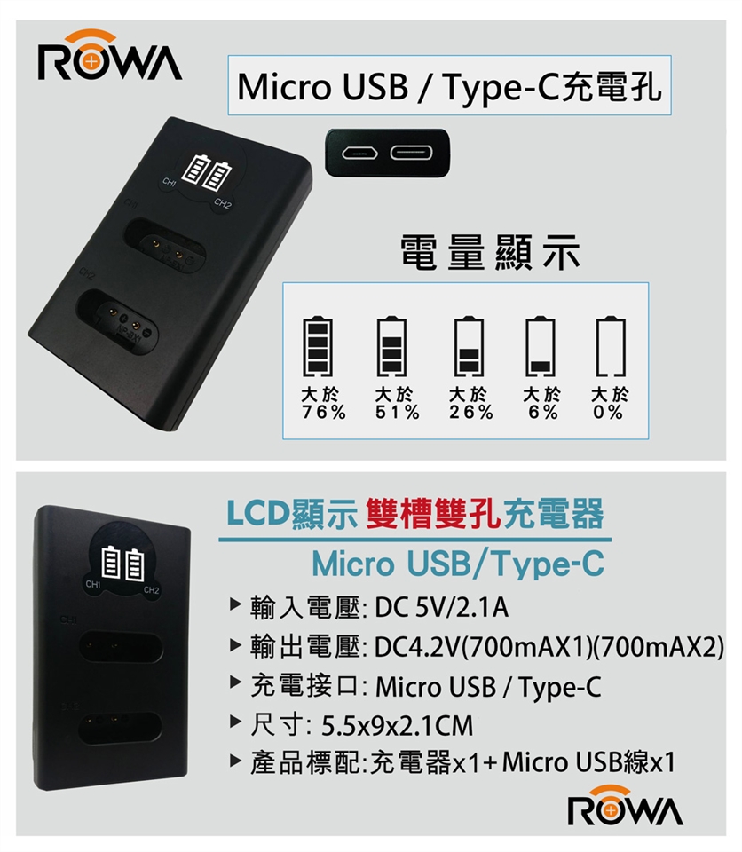 Rowa 樂華for Gopro Gopro Hero5 Hero6 Hero7 Lcd顯示usb Type C 雙槽雙孔電池充電器 Gopro 週邊 Etmall東森購物網