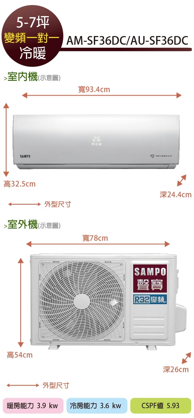 Sampo 聲寶一級能效5 7坪雅緻變頻冷暖分離式冷氣au Sf36dc Am Sf36dc 選 聲寶冷氣總覽 Etmall東森購物網