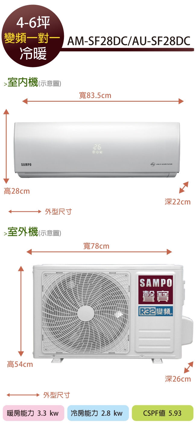 Sampo 聲寶一級能效4 6坪雅緻變頻冷暖分離式冷氣au Sf28dc Am Sf28dc 選 聲寶冷氣總覽 Etmall東森購物