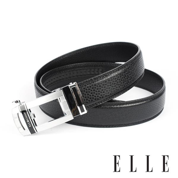 背包族【ELLE HOMME】品牌自動扣皮帶/男士皮帶(黑)-品牌黑條中鏤空