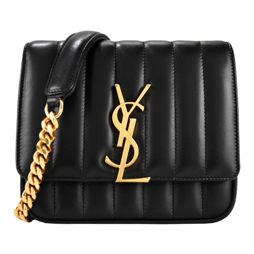 YSL SAINT LAURENT 素面亮面牛皮條紋縫線迷你鏈袋翻蓋肩背包(金x黑