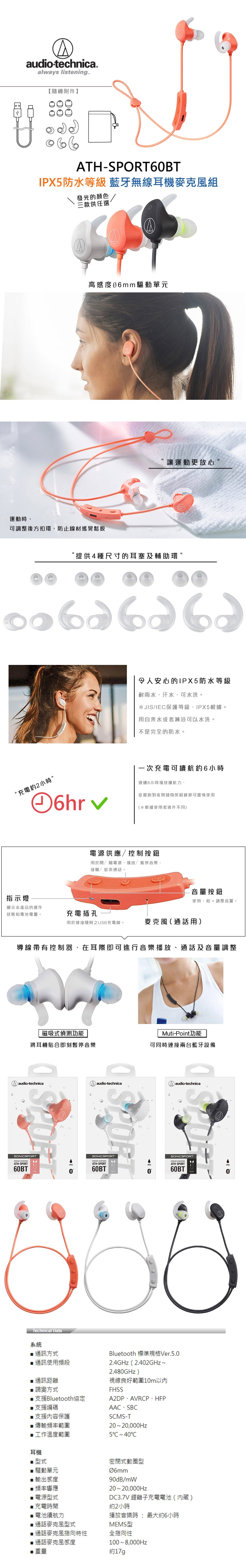 鐵三角藍牙無線耳機麥克風組ath Sport60bt 入耳式藍芽耳機 Etmall東森購物網