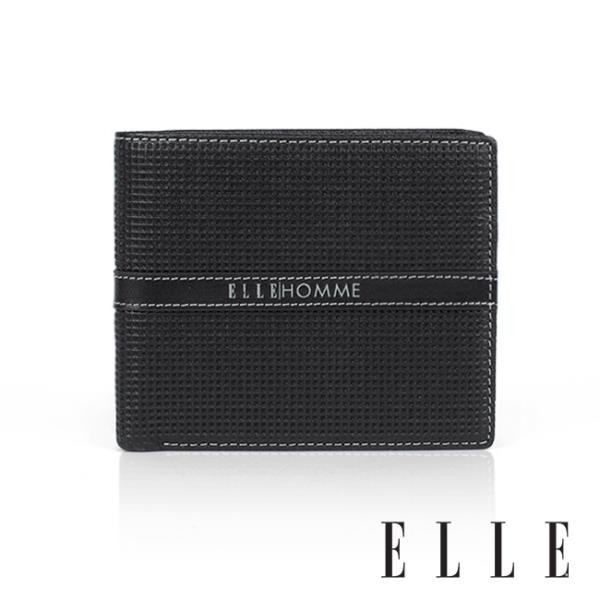 背包族【ELLE HOMME】ELLE格紋3卡右翻3窗格 皮夾/男夾/短夾(黑色)