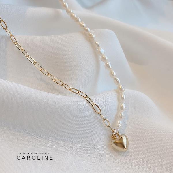 《Caroline》韓國時尚風格珍珠愛心項鍊網紅ins簡約氣質鈦剛項鍊72623