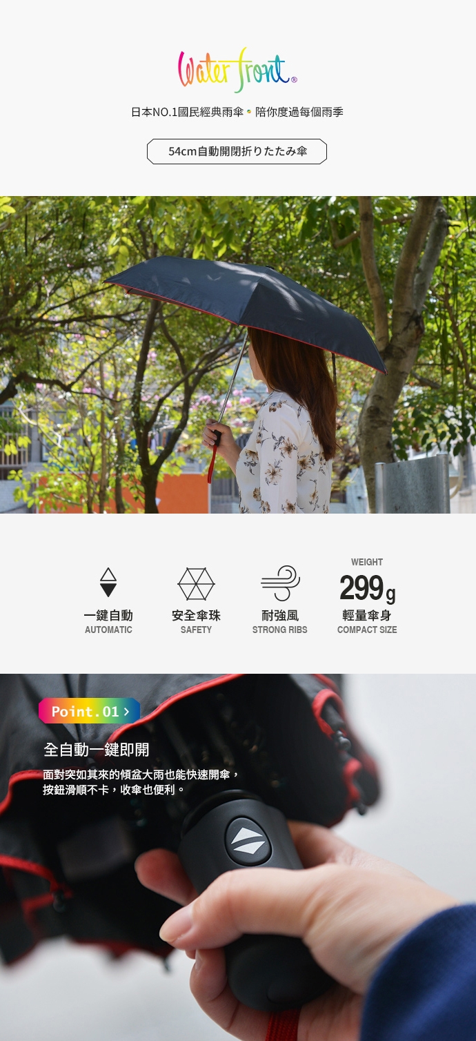日本waterfront 摩登酷黑晴雨兩用一鍵自動開收摺疊傘 4色可選 自動開收折傘 Etmall東森購物