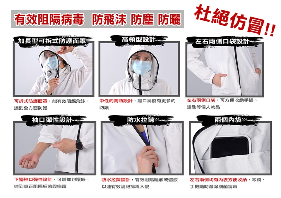 K防護衣，台灣製造，專利「銀銅鈦纖維」通過SGS、日本SEK紅色醫療級檢測除病菌率達99.9%以上。 2.防飛沫、防潑水、抗UV、可機洗，給你最安全的生活防護，穿出防護衣的新時尚。