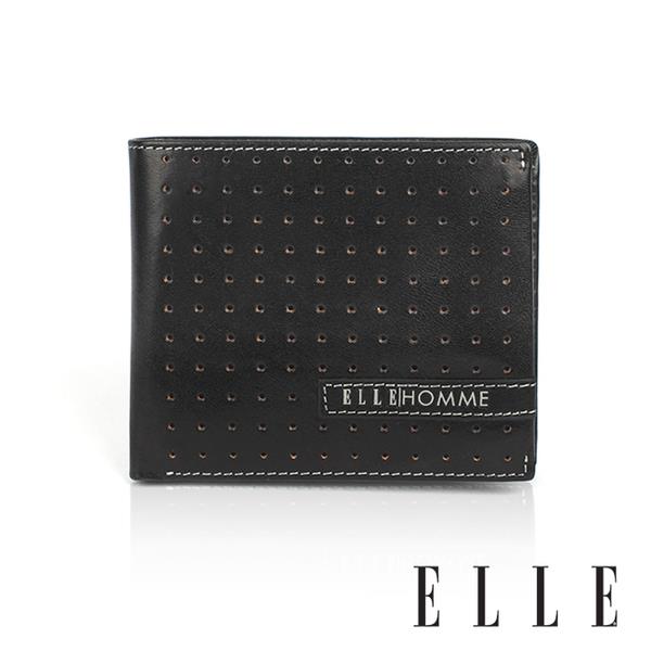 背包族【ELLE HOMME】透氣孔面 3卡側翻3窗格 皮夾/短夾/男夾(黑)