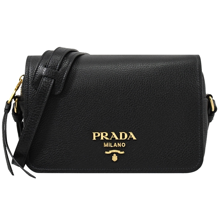 PRADA 1BD163 品牌浮雕LOGO荔枝牛皮翻蓋斜背包.黑|手提/肩背包