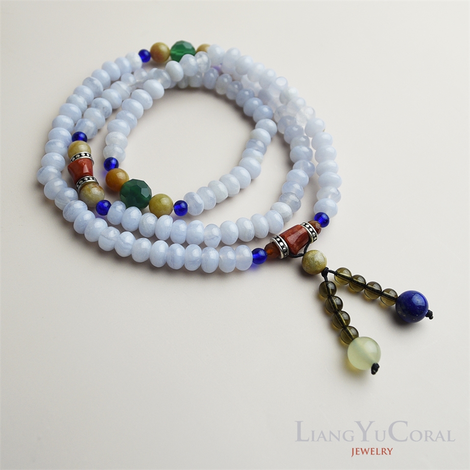 大東山樑御珊瑚】(多寶念珠)~ 藍紋瑪瑙碟珠108顆/項鍊手鍊兩用|手鍊