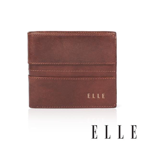背包族【ELLE HOMME】精緻牛皮 3卡側翻 3窗格 皮夾/短夾/男夾(淺咖啡色)