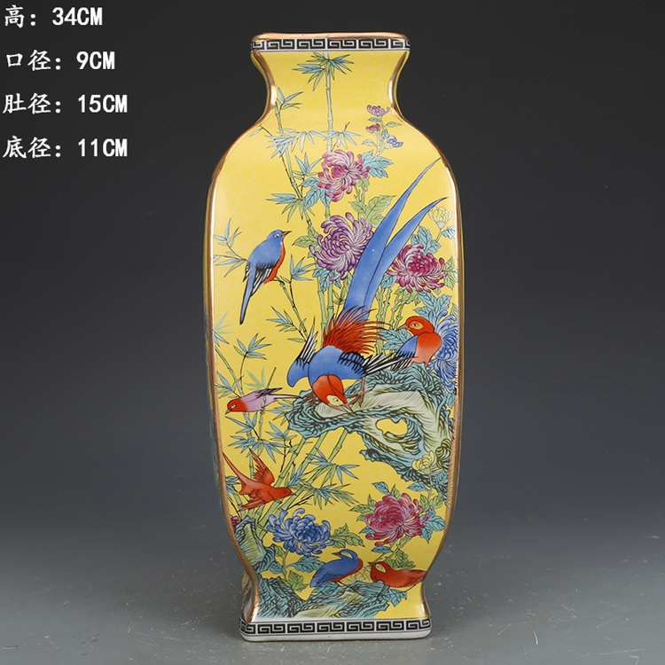 清乾隆琺瑯彩飄花黄地花鳥四方瓶 景徳鎮 陶磁器 装飾品 現代工芸品 美術品 置物 清乾隆琺瑯彩飄花黄地花鳥四方瓶 景徳鎮 陶磁器 装飾