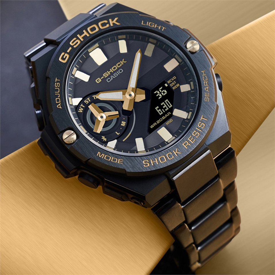 CASIO G-SHOCK 太陽能x藍牙連線簡約黑金雙顯腕錶GST-B500BD-1A9|會員獨