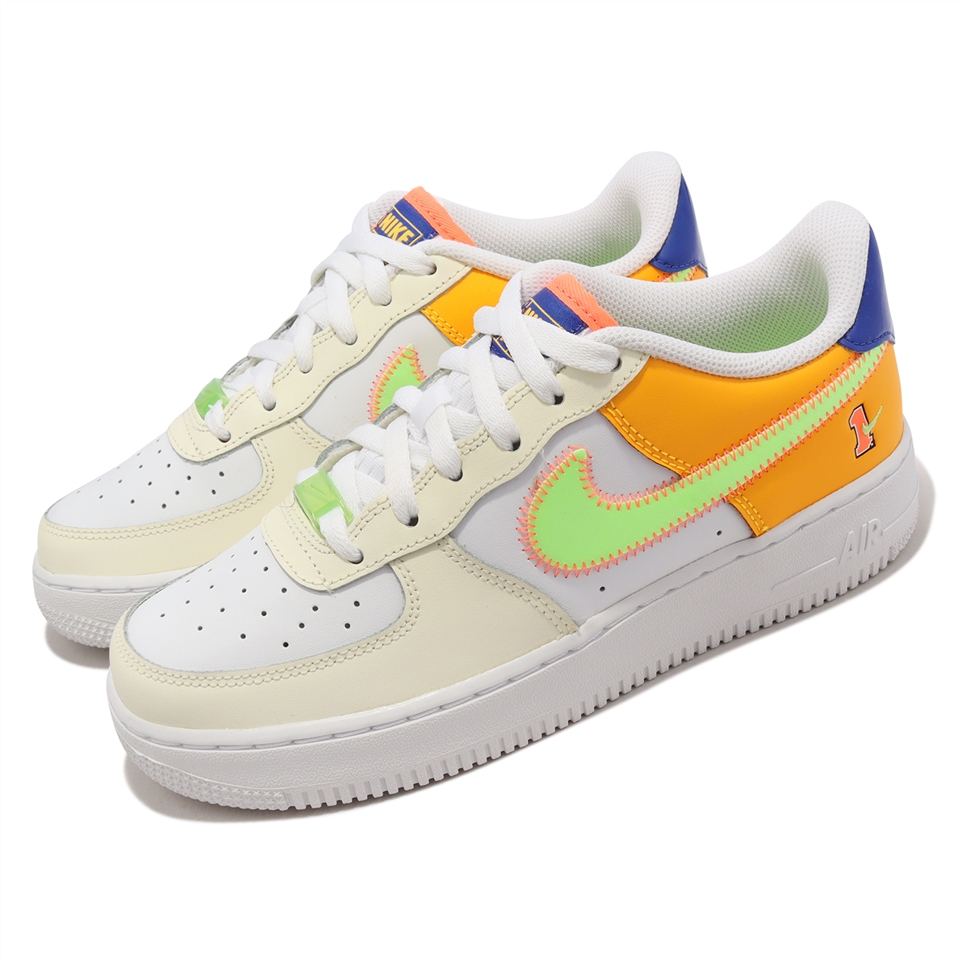Nike 休閒鞋Air Force 1 LV8 GS 大童鞋女鞋白螢光黃橘藍AF1 FB1838 