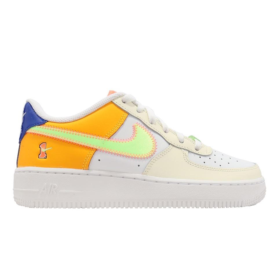 Nike 休閒鞋Air Force 1 LV8 GS 大童鞋女鞋白螢光黃橘藍AF1 FB1838-131 