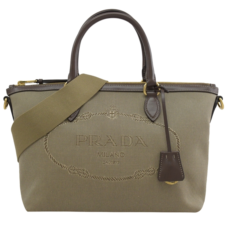 PRADA 1BA104 經典大LOGO緹花帆布手提兩用包.駝|會員獨享好康折扣活動