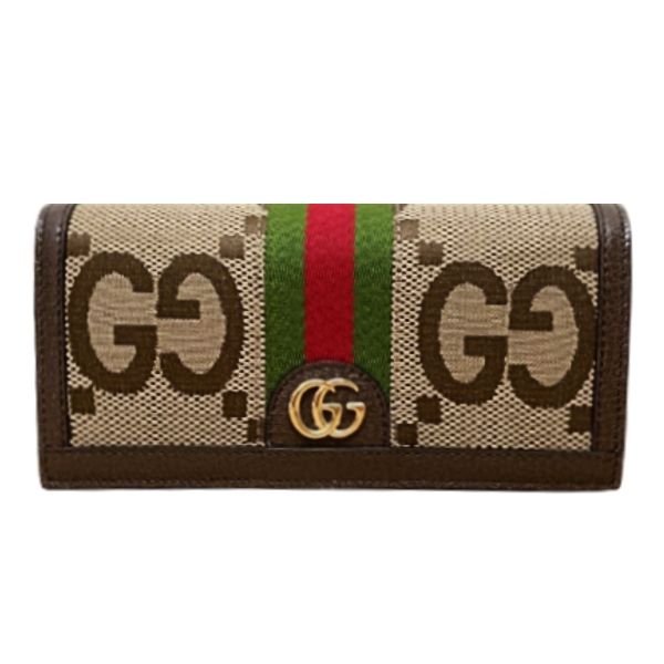 【GUCCI】女款Ophidia jumbo 雙G 米色棕色按扣長夾523153