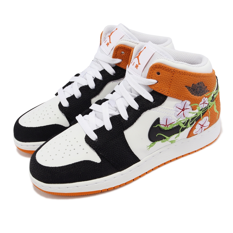 Nike Air Jordan 1 Mid SE GS 大童鞋女鞋橘黑Floral AJ1 花休閒鞋