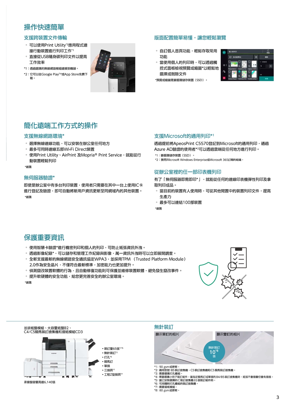 操作快速簡單支援跨裝置文件傳輸可以使用Print Utility應用程式連接行動裝置進行列印工作版面配置簡單易懂讓您輕鬆瀏覽直接從USB隨身碟列印文件以提高工作效率1透過的無線網路模組連接到器。2 : 它可以從Google Play或App Store免费下。自訂個人首頁功能,輕鬆存取常用功能當使用個人的列印時,可以透過觸控式面板檢視預覽或縮圖以輕鬆地選擇或刪除文件預覽或縮圖需要選購儲存裝置(SSD)。簡化遠端工作方式的操作支援無線網路環境選擇無線連線功能,可以安裝在辦公室任何地方最多可同時連線五部Wi-Fi Direct裝置使用Print Utility、AirPrint 及Mopria ® Print Service,就能從行動裝置輕鬆列印選購無伺服器驗證即使是辦公室中有多台列印裝置,使用者只需要在其中一台上使用IC卡進行登記及驗證,即可自動將新用戶資訊更新至同網域內的其他裝置。選購支援Microsoft的通用列印*1透過提前將ApeosPrint C570登記到Microsoft的通用列印,通過Azure AD驗證的使用者*可以透過雲端從任何地方進行列印。*1:要選購儲存裝置(SSD)。*2:擁有Microsoft Windows Enterprise或Microsoft 365訂閱的組織。從辦公室裡的任一部印表機列印有了無伺服器即需即印*」,就能從任何的連線印表機彈性列印及拿取列印成品。當目前的装置有人使用時,可從其他中的装置列印文件,提高生產力最多可以連結100部裝置*選購保護重要資訊使用智慧卡驗證*進行機密列印和個人的列印,可防止紙資訊外洩。透過影像紀錄*,可以儲存和管理工作紀錄與影像,萬一資訊外洩時可以立即展開調查。全新支援最新的無線網路安全通訊協定WPA3,並採用TPM (Trusted Platform Module)2.0作為安全晶片,不僅符合最新標準,加密能力也更加提升。偵測竄改裝置軟體的行為,且自動修復功能則可保護並維修裝置軟體,避免發生竄改事件。提升軟硬體的安全功能,給您更完善安全的辦公室環境。*選購並排紙盤模組、大容量紙盤B2、C4/C5裝訂集機和紙模組CD3承接盤容量高達6,140張* 裝訂量65張5*無針裝訂 打孔**騎馬訂無針裝訂顯示單釘的相片「顯示雙釘的相片無針裝訂10*張*單三工程Z型摺頁?*1:90gsm或更輕。*2:適用型號:B5 裝訂集機、C5裝訂集機和C5騎馬裝訂集機。*3: 需要選購打孔。*4:需要選購小冊子裝訂組件。當指定騎馬訂或單摺的B4/B5裝訂集機時,紙張不會但會有摺痕。*5: 當已安裝選購的C裝訂集機65張裝訂組件時。*6: 可用隨附打孔機組的裝訂撿集機。*7:需要摺紙模組。*8: 80 gsm 或更輕。3