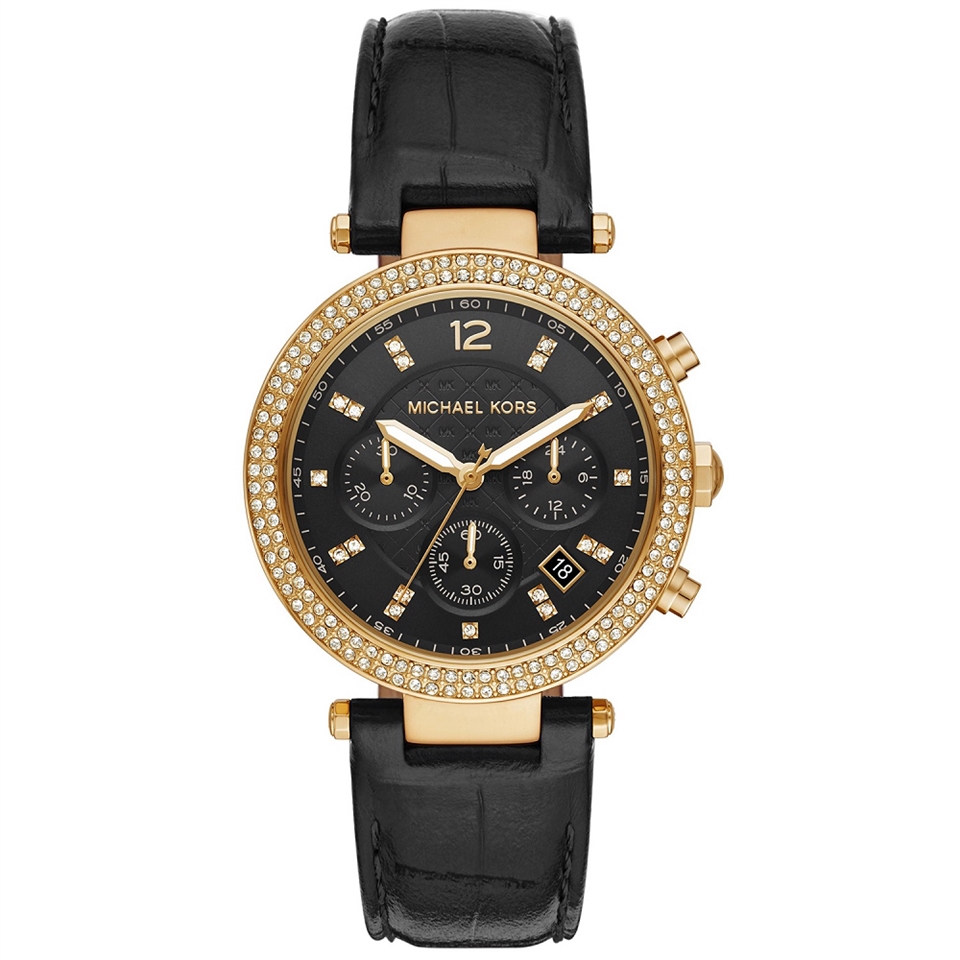 Michael Kors 超時代巨星閃耀晶鑽三眼計時皮革腕錶-黑金-MK6984 