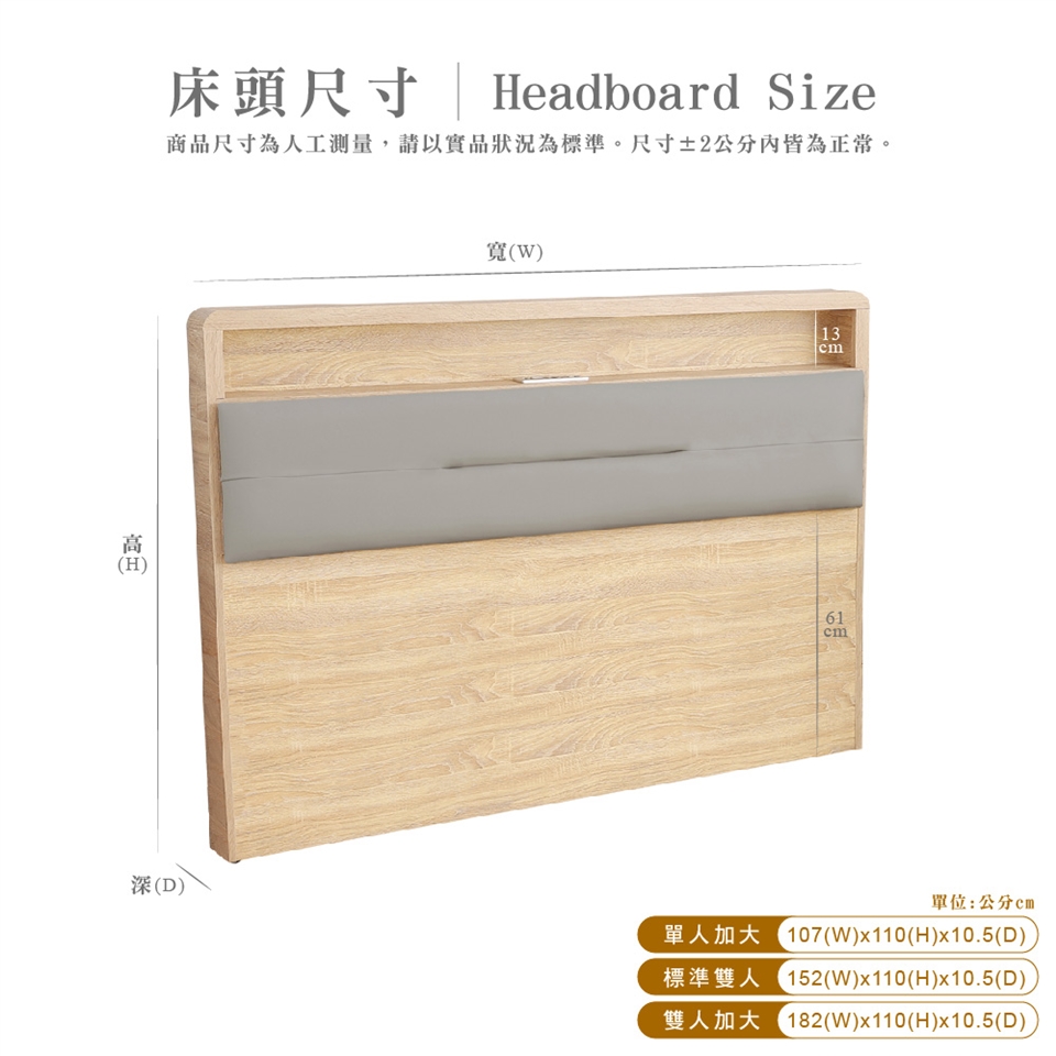 高床頭尺寸Headboard Size商品尺寸為人工測量請以實品狀況為標準。尺寸±2內皆為正常。深D()1361cm單位:公分單人加大標準雙人(W)x110(H)x10.5(D)152(W)x110(H)x10.5(D),雙人加大(W)x110(H)x10.5(D)