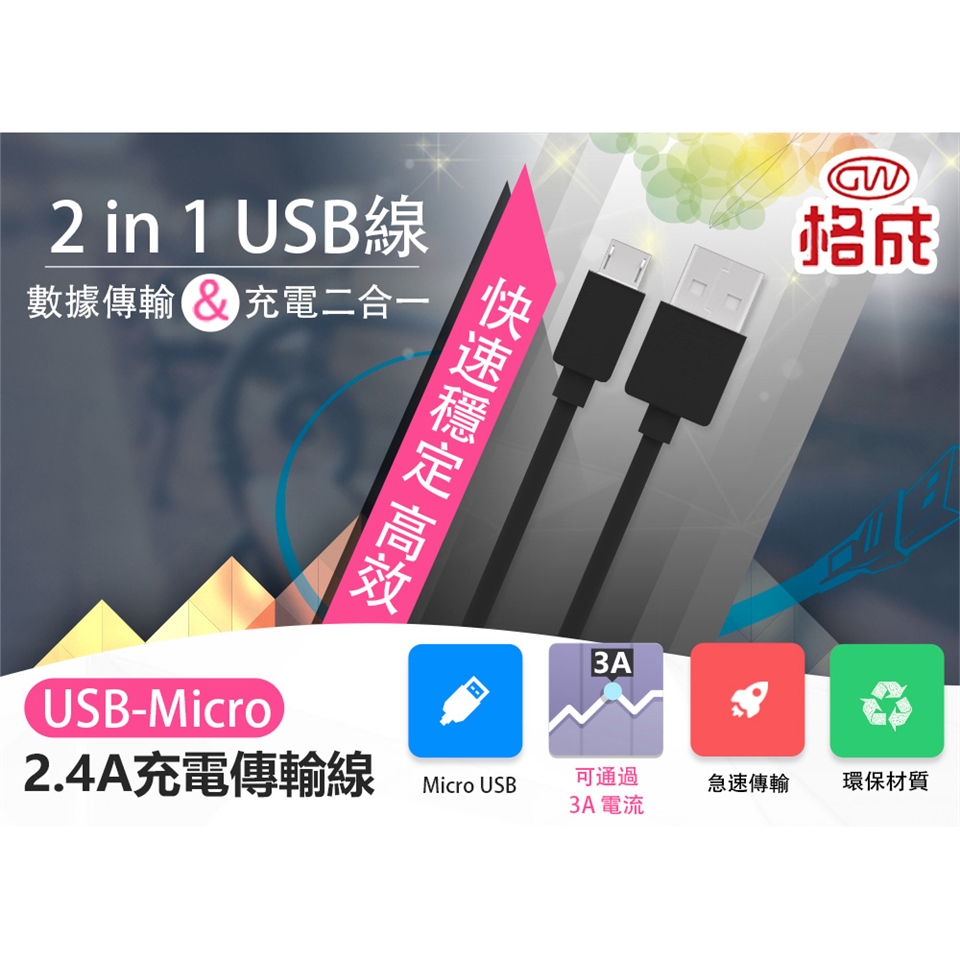 【格成】2合1充電傳輸線 Micro-USB TO USB 1.5M 快速充電 2.4A大電流|Micro USB線|ETMall東森購物網