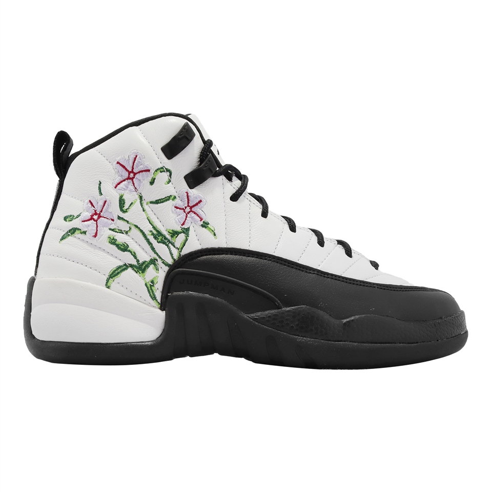 Nike Air Jordan 12 Retro GS 大童鞋女鞋白黑花緩震Floral 刺繡DR6956