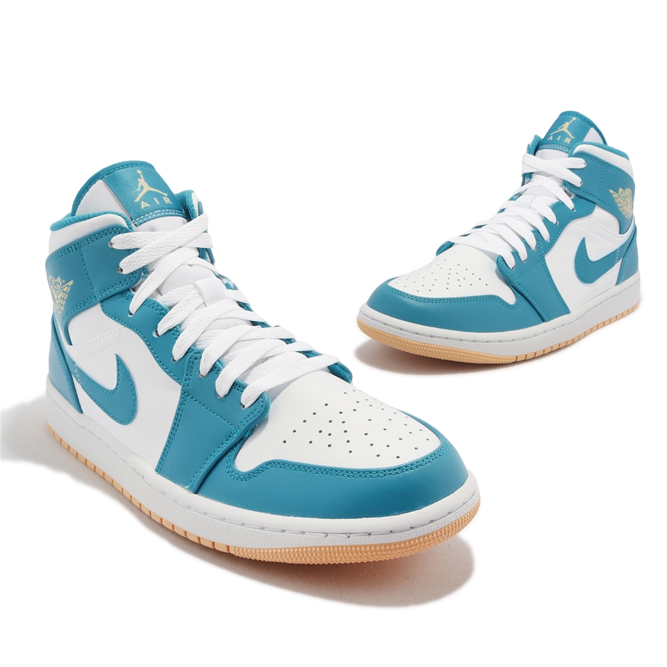 Nike 休閒鞋Air Jordan 1 Mid 男鞋藍白中筒Aquatone 黃底AJ1 喬丹