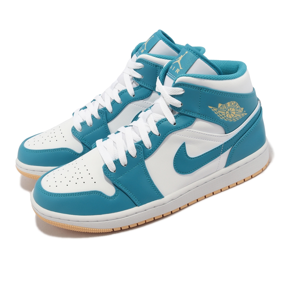 Nike 休閒鞋Air Jordan 1 Mid 男鞋藍白中筒Aquatone 黃底AJ1 喬丹