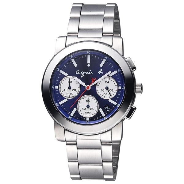 【台南 時代鐘錶 agnes b.】BT3029X1 日期顯示 鋼錶帶 三眼計時錶 V564-KP30B 藍/銀 38mm