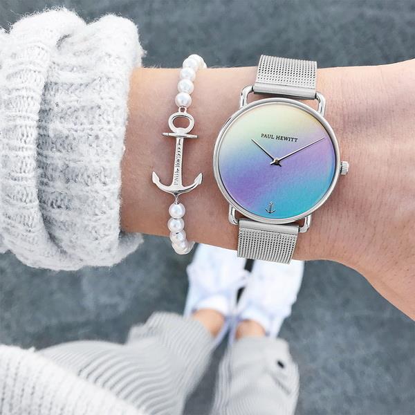 【台南 時代鐘錶 PAUL HEWITT】德國船錨 簡約風 米蘭錶帶女錶 PH-M-S-H-4S 銀/炫彩 33mm