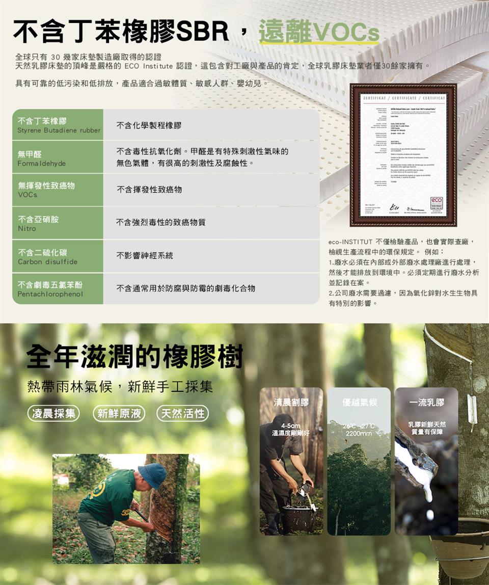 天然乳膠床墊的頂峰是嚴格的 ECO Institute 認證,這包含對工廠與產品的肯定,全球乳膠床墊業者僅30餘家擁有。