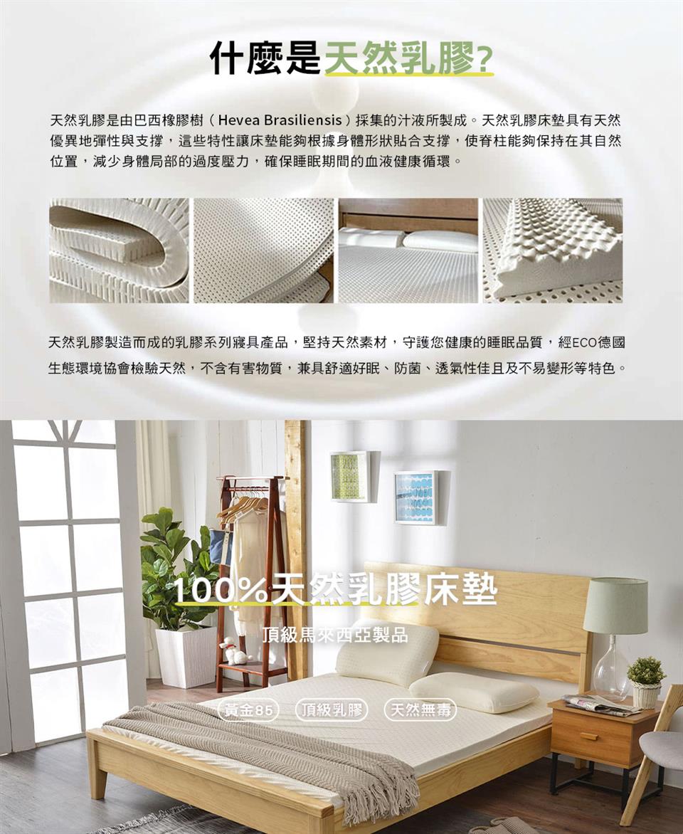 天然乳膠是由巴西橡膠樹Hevea Brasiliensis採集的汁液所製成。天然乳膠床墊具有天然