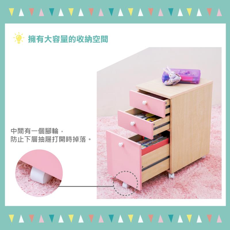 擁有大容量的收納空間 中間有一個腳輪, 防止下層抽屜打開時掉落。 