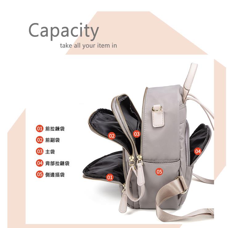01 前拉鍊袋 02 前副袋 03 主袋 04 背部拉鏈袋 05 側邊插袋 