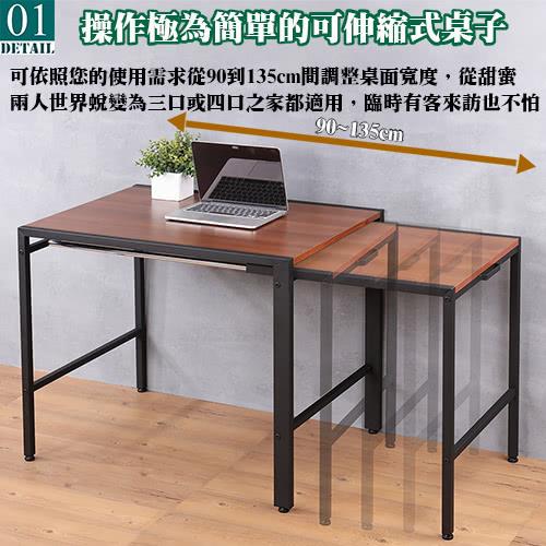 01 操作極為簡單的可伸縮式桌子 可依照您的使用需求從90到135cm間調整桌面寬度,從甜蜜 兩人世界蛻變為三口或四口之家都適用,臨時有客來訪也不怕
