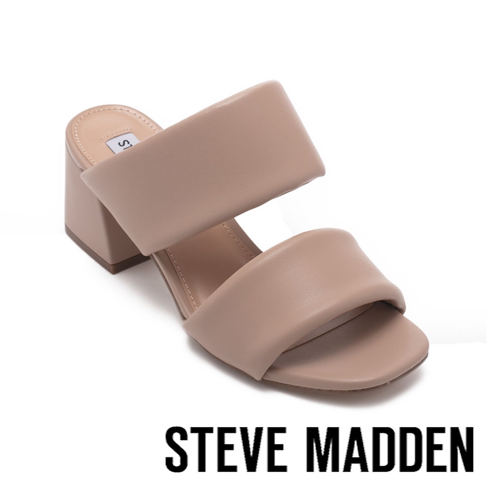 STEVE MADDEN-AFFIRM 皮質雙寬帶粗跟涼拖鞋-卡其色|會員獨享好康折扣