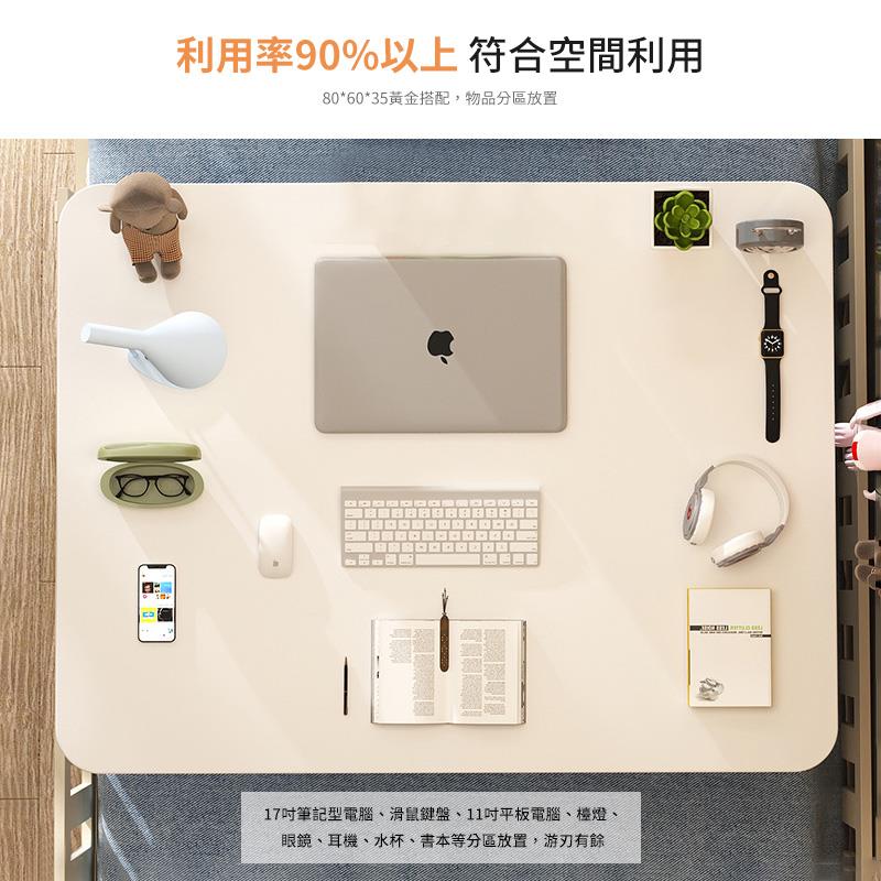 利用率90%以上 符合空間利用 806035黃金搭配,物品分區放置 17吋筆記型電腦、滑鼠鍵盤、11吋平板電腦、檯燈、 眼鏡、耳機、水杯、書本等分區放置,游刃有餘 