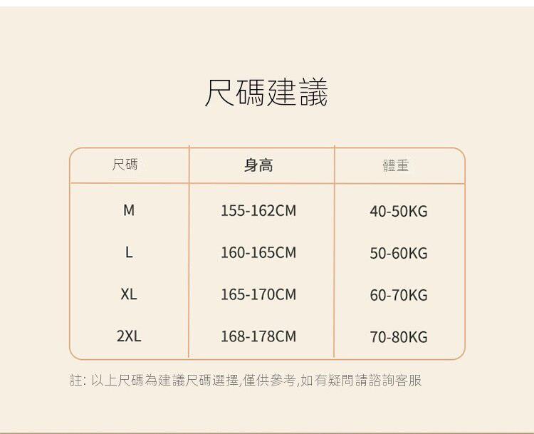 尺碼 尺碼建議 身高 體重 註 以上尺碼為建議尺碼選擇,僅供參考,如有疑問請諮詢客服 