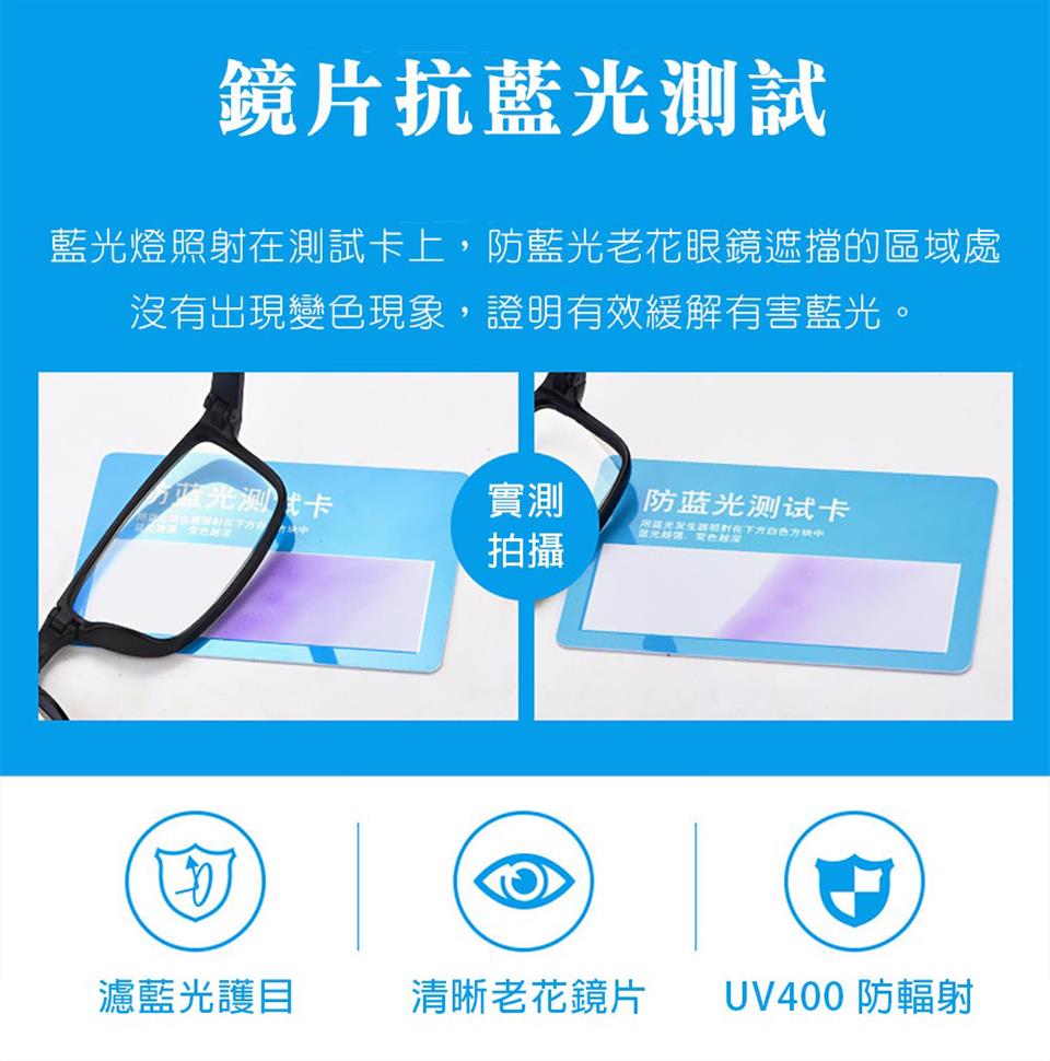 藍光燈照射在測試卡上,防藍光老花眼鏡遮擋的區域處