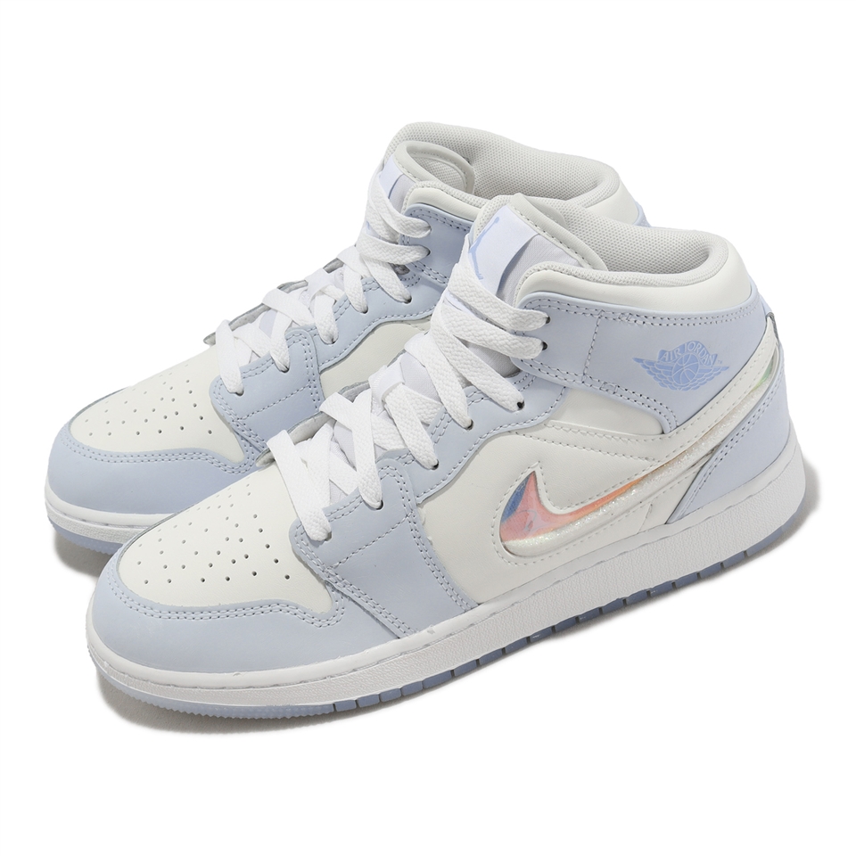 Nike 休閒鞋Air Jordan 1 Mid SE GS 女鞋大童鞋白藍AJ1 喬丹閃亮勾勾