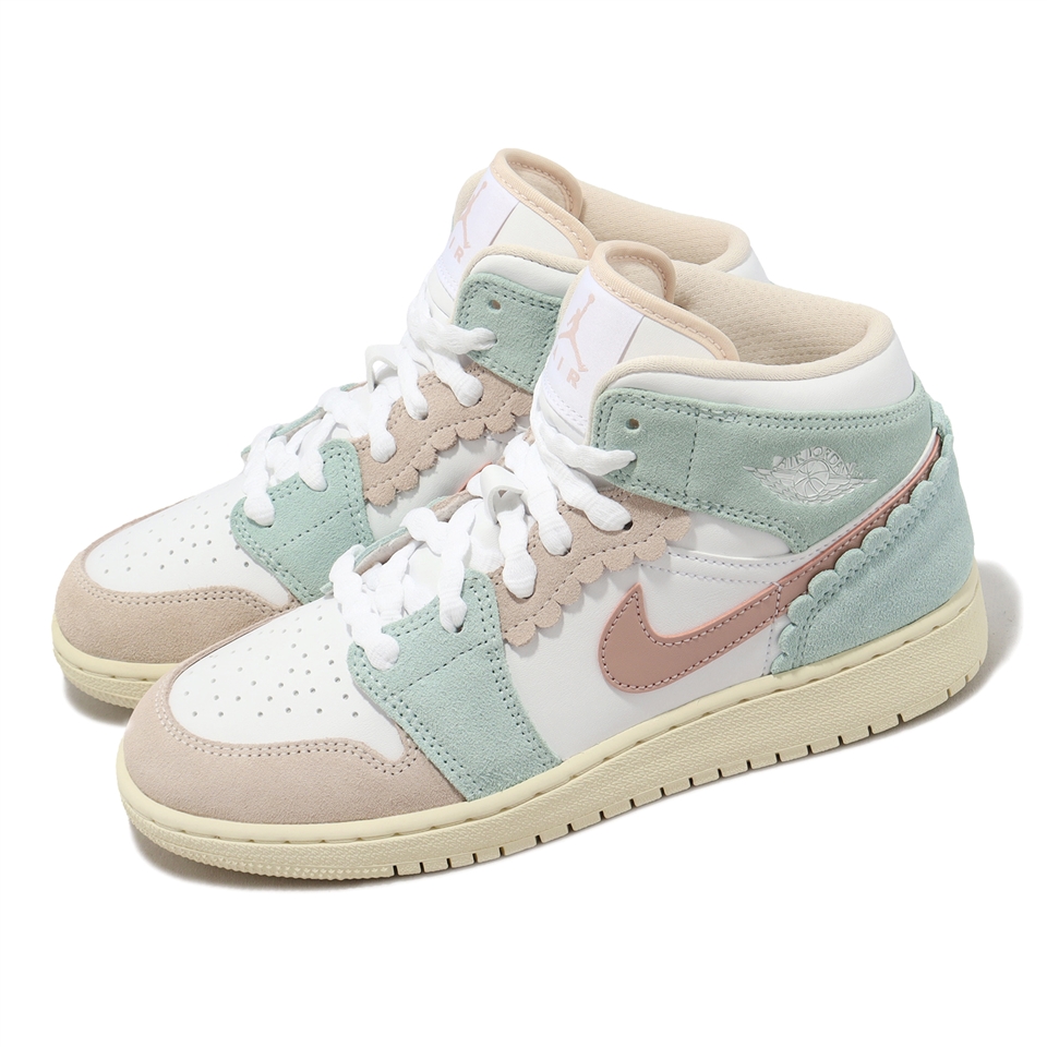 Nike 休閒鞋Air Jordan 1 Mid SE GS 女鞋大童鞋粉綠花邊麂皮AJ1