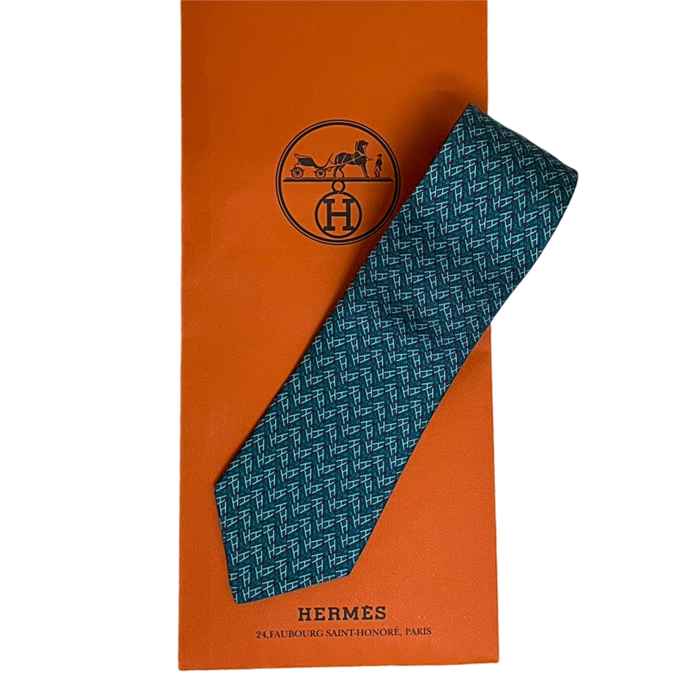 愛馬仕】 HERMES 真絲領帶男士領帶-藍綠色5804 TA|絲巾/領結