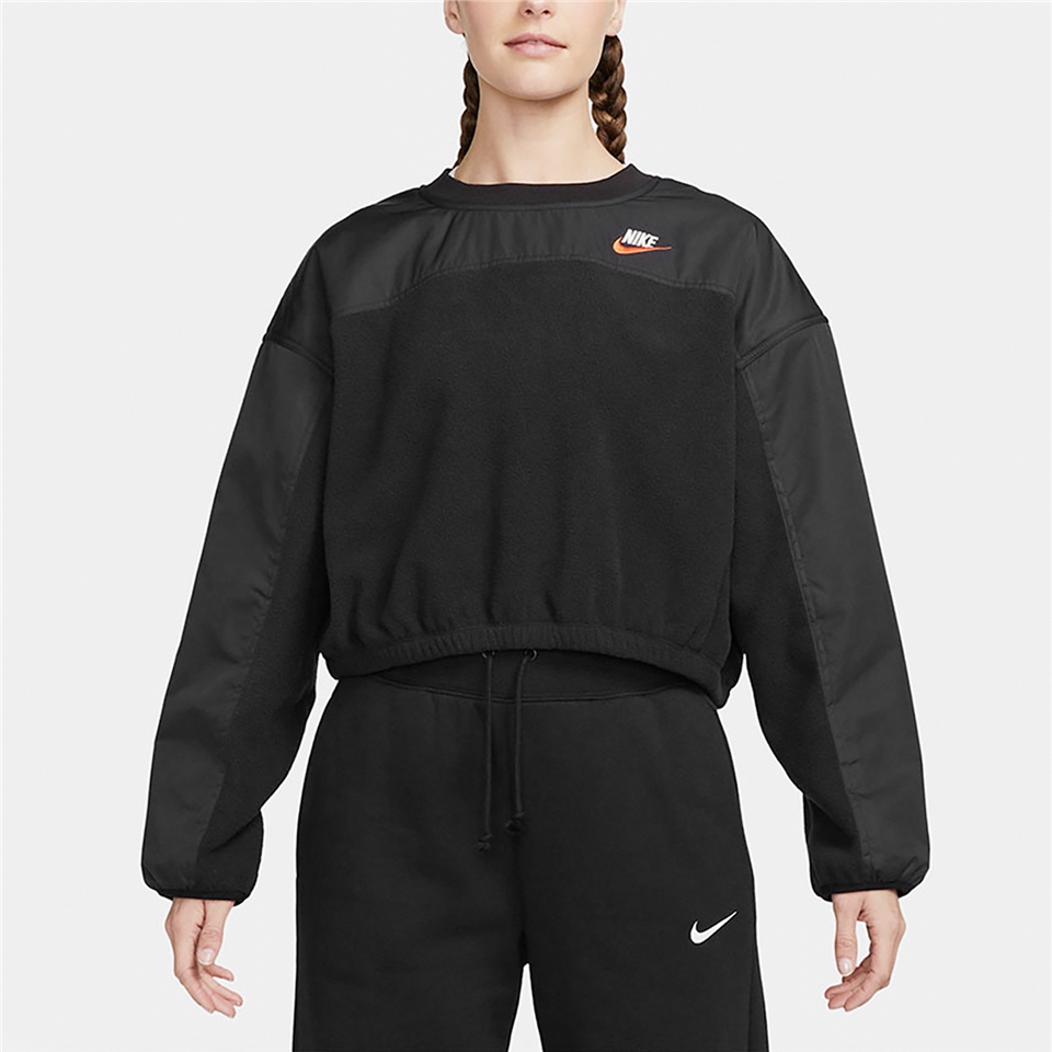 Nike 長袖NSW Sweatshirts 黑女款短版上衣下擺縮口寬鬆拼接衛衣大學T