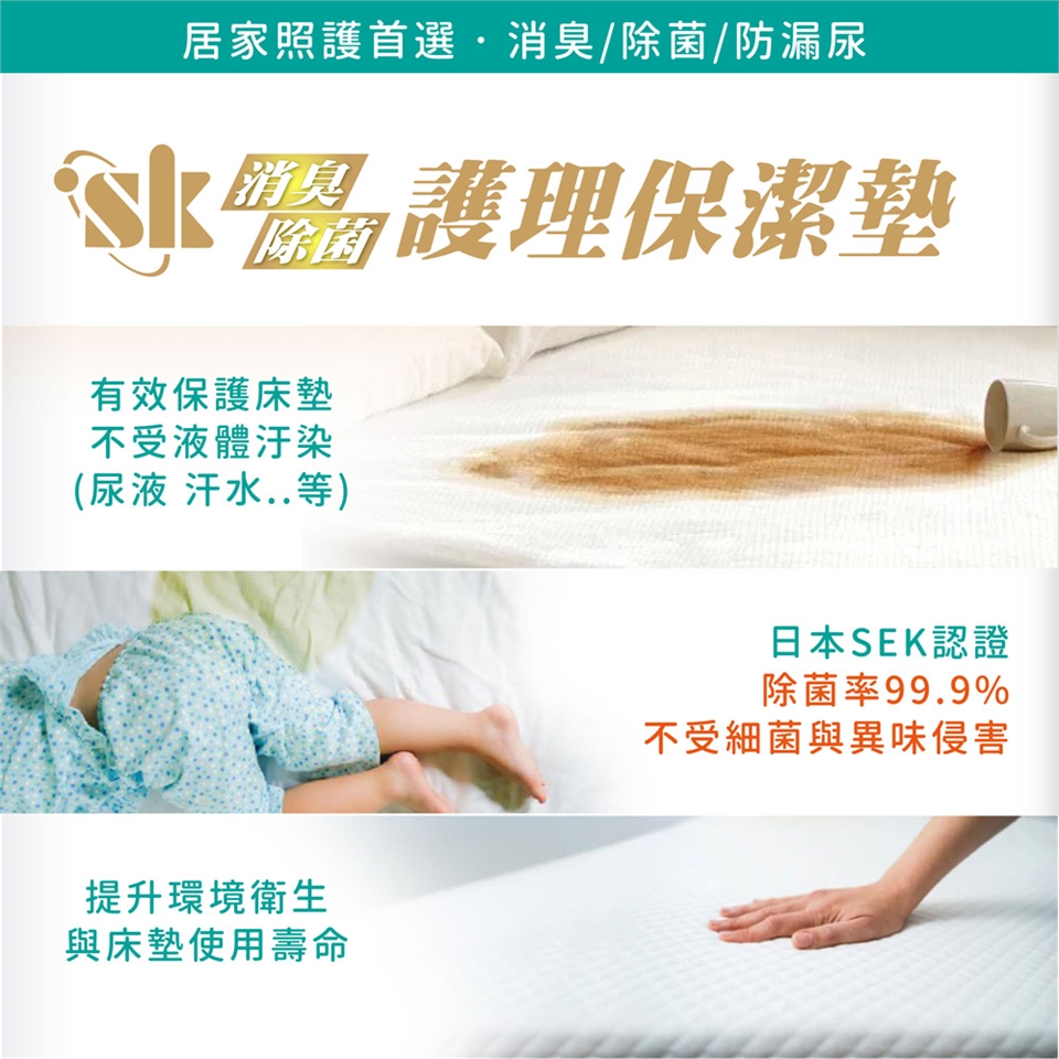 SK消臭除菌護理保潔墊用途： 使用於患者大小便失禁、老人夜尿、病房護理、嬰兒車墊、兒嬰床墊、婦女生理墊、長輩護理墊、隔尿墊。 產品特性：吸水性特強，乾爽表層，有最佳消臭防霉機能，防止臭味擴散汙染居住環境。鎖水性能強，透氣、吸濕、防潮、防漏尿、消臭、除菌、防蹣、柔軟、彈性、安心、舒適、呵護、美觀、防滲漏、輕鬆清洗、重複使用、環保。