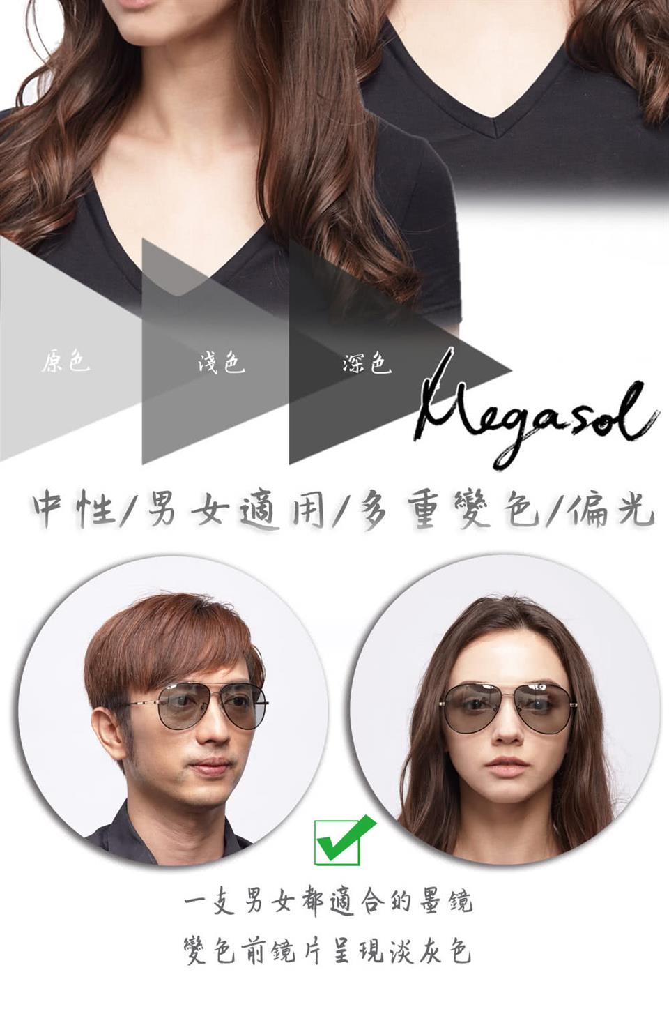 原色 淺色 中性男女適用多重變色偏光 一支男女都適合的墨鏡 變色前鏡片呈現淡灰色 