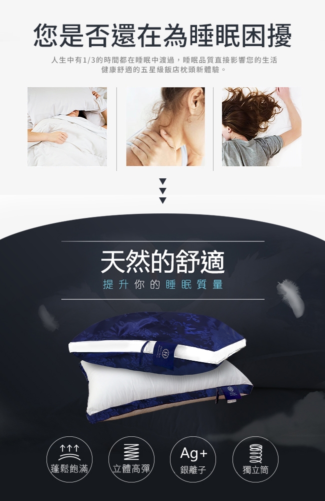 您是否還在為睡眠困擾人生中有1/3的時間都在睡眠中渡過,睡眠品質直接影響您的生活健康舒適的五星級飯店枕頭新體驗。天然的舒適提升你的睡眠質量个Ag+蓬鬆飽滿/ \立體高彈銀離子獨立筒